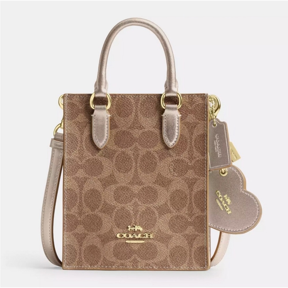 NWT Coach Boxed Mini Tote Bag And Mirror Bag Charm Set In Signature Canvas